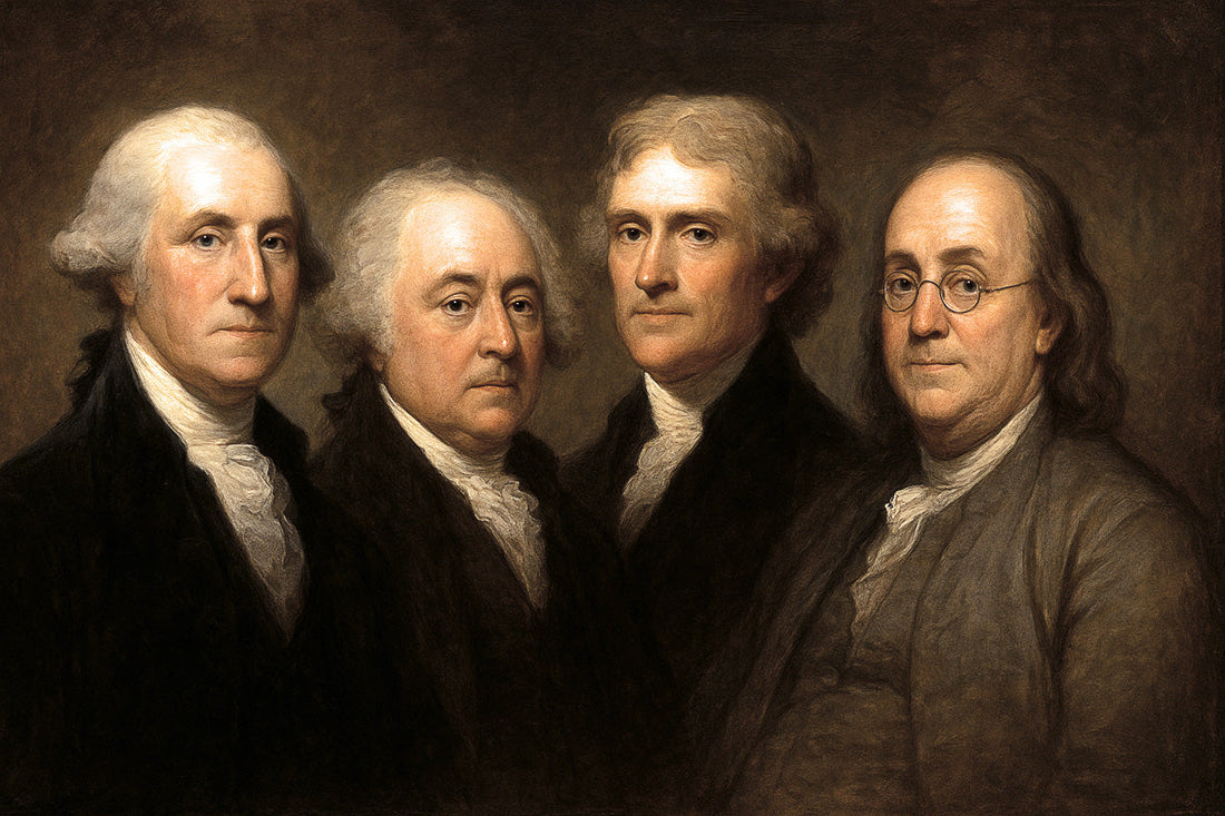 Four Founding Fathers discussing constitutional principles and safeguards against tyranny