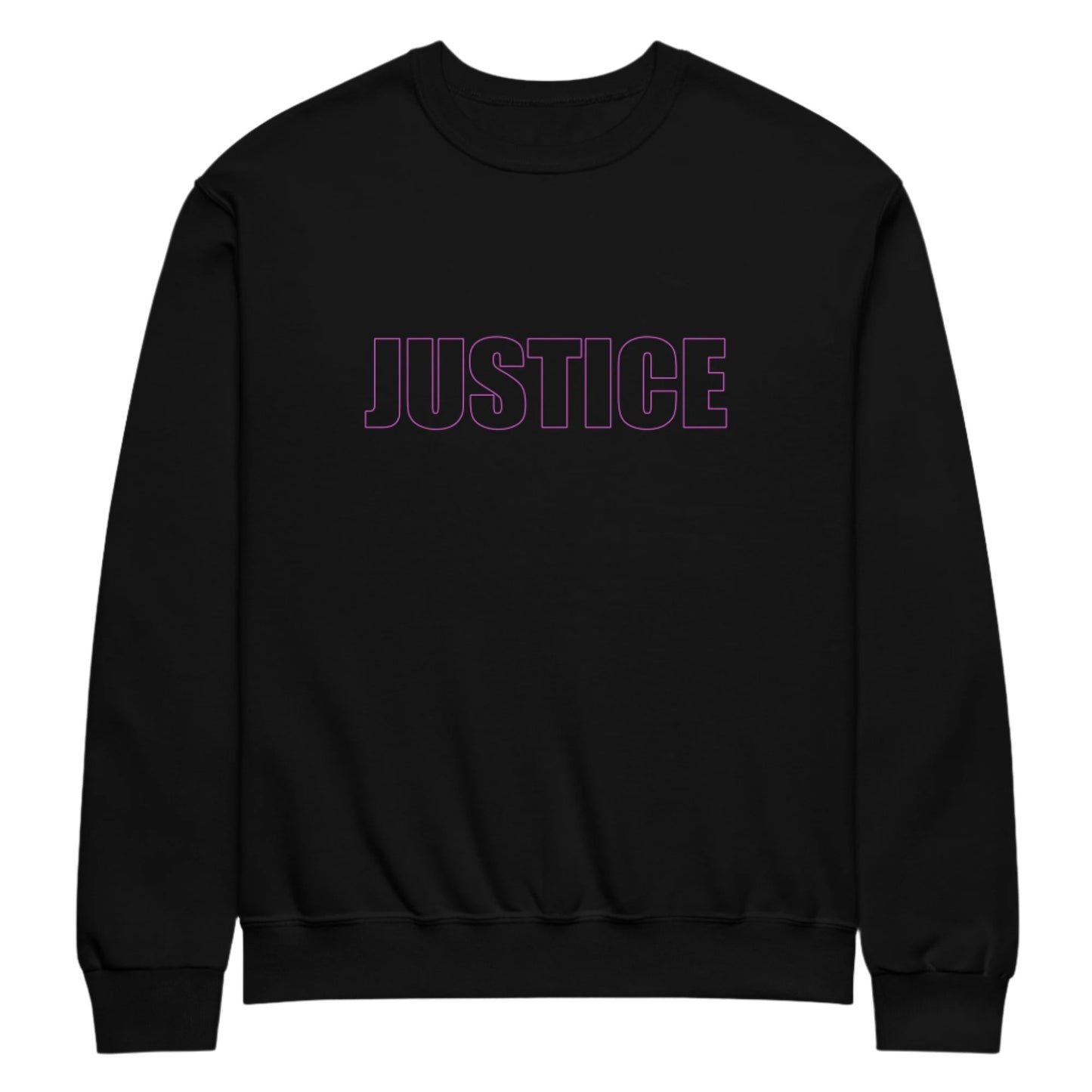 Black classic unisex crew neck sweatshirt with block capital  silhouette text outlined in pink with the word 'JUSTICE'