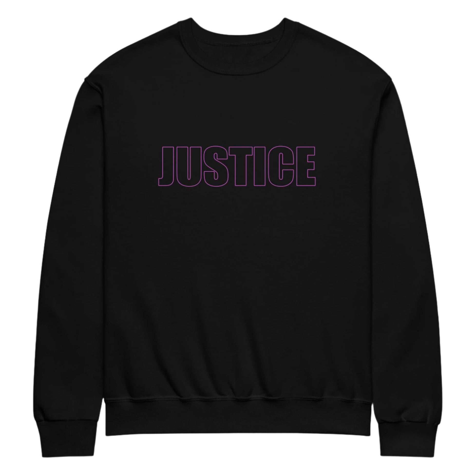 Black classic unisex crew neck sweatshirt with block capital  silhouette text outlined in pink with the word 'JUSTICE'