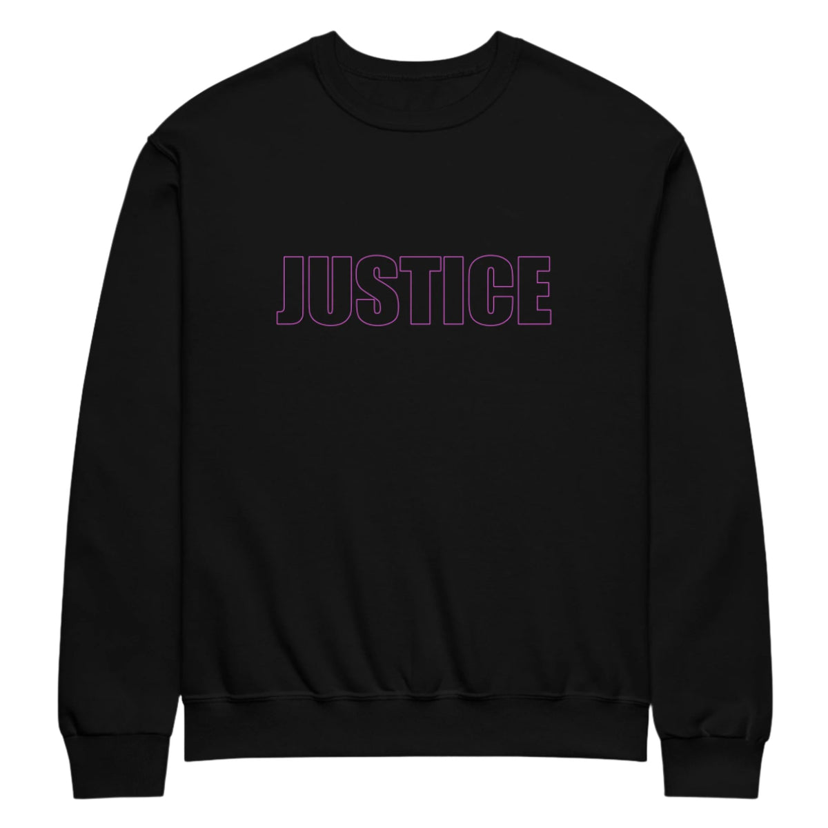 Black classic unisex crew neck sweatshirt with block capital silhouette text outlined in pink with the word 'JUSTICE'