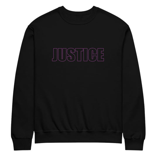 Black classic unisex crew neck sweatshirt with block capital silhouette text outlined in pink with the word 'JUSTICE'