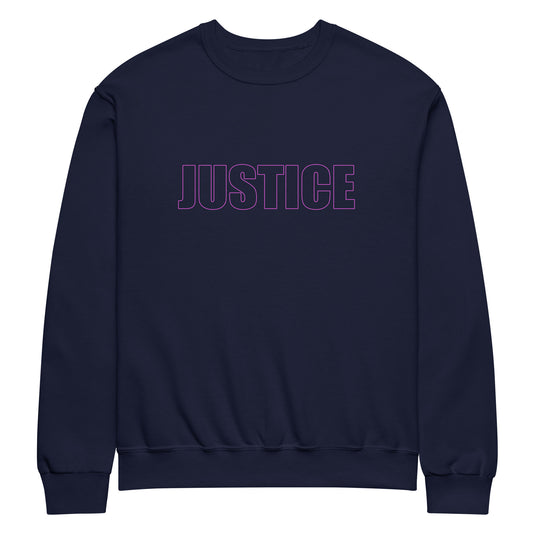 J. navy blue classic unisex crew neck sweatshirt with block capital  silhouette text outlined in pink with the word 'JUSTICE'