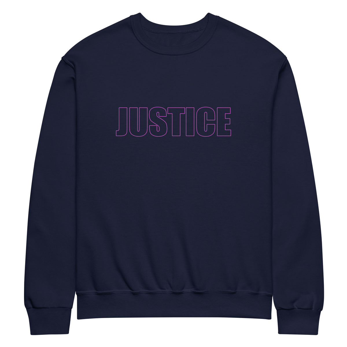 J. navy blue classic unisex crew neck sweatshirt with block capital silhouette text outlined in pink with the word 'JUSTICE'