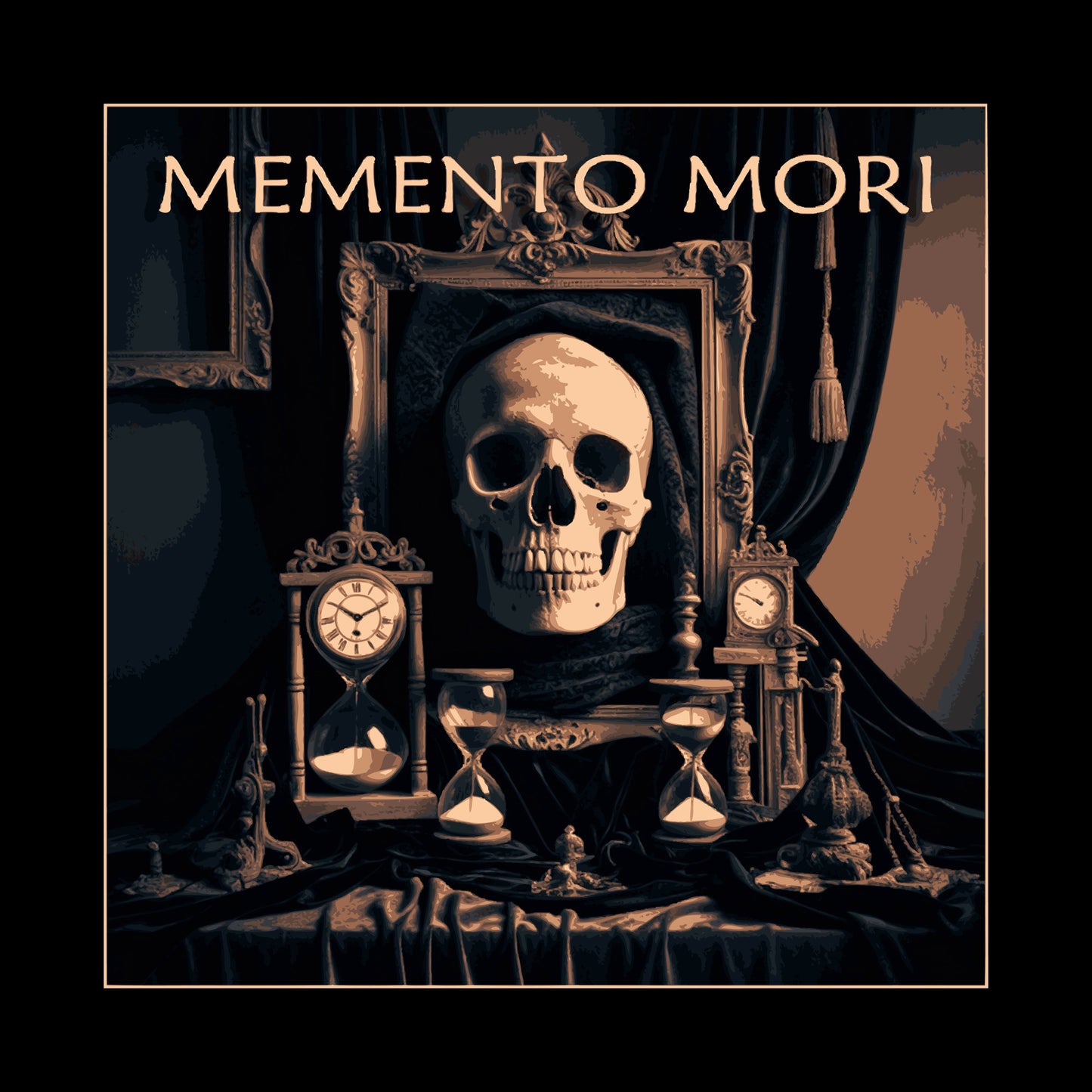 Artistic depiction of a skull with 'Memento Mori' text, surrounded by vintage clock and hourglass imagery.