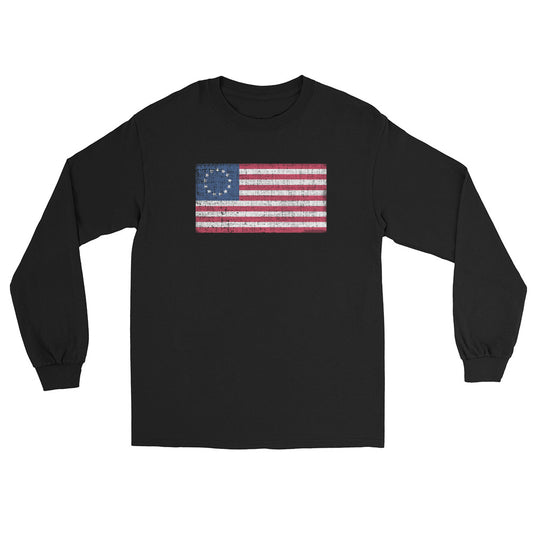 Black long sleeve t-shirt with a distressed vintage style image of the original 13 star Betsy Ross Flag.