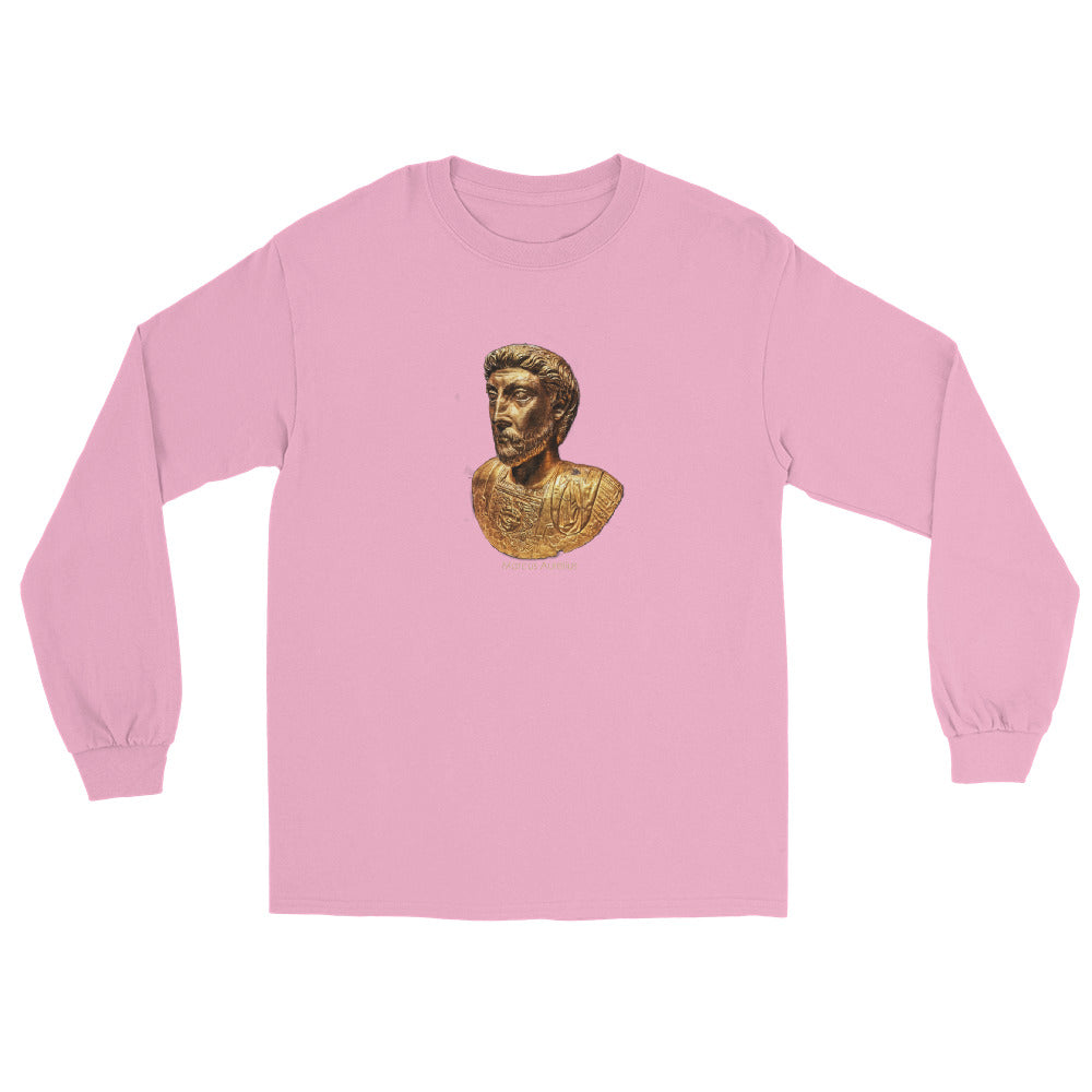 Light pink long sleeve t-shirt with an image of a gold bust of Marcus Aurelius and the name "Marcus Aurelius under the image.