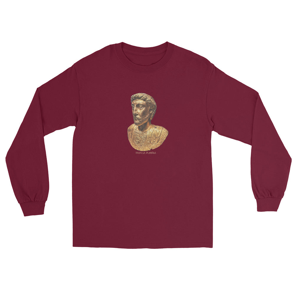 Maroon long sleeve t-shirt with an image of a gold bust of Marcus Aurelius and the name "Marcus Aurelius under the image.