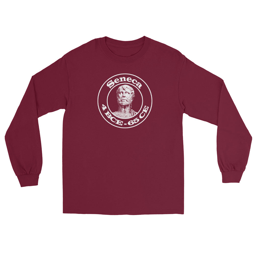 Maroon long sleeve t-shirt with a collegiate double circle design with a bust of Seneca in the center with text "Seneca" and "4 BCE - CE" in white ink.