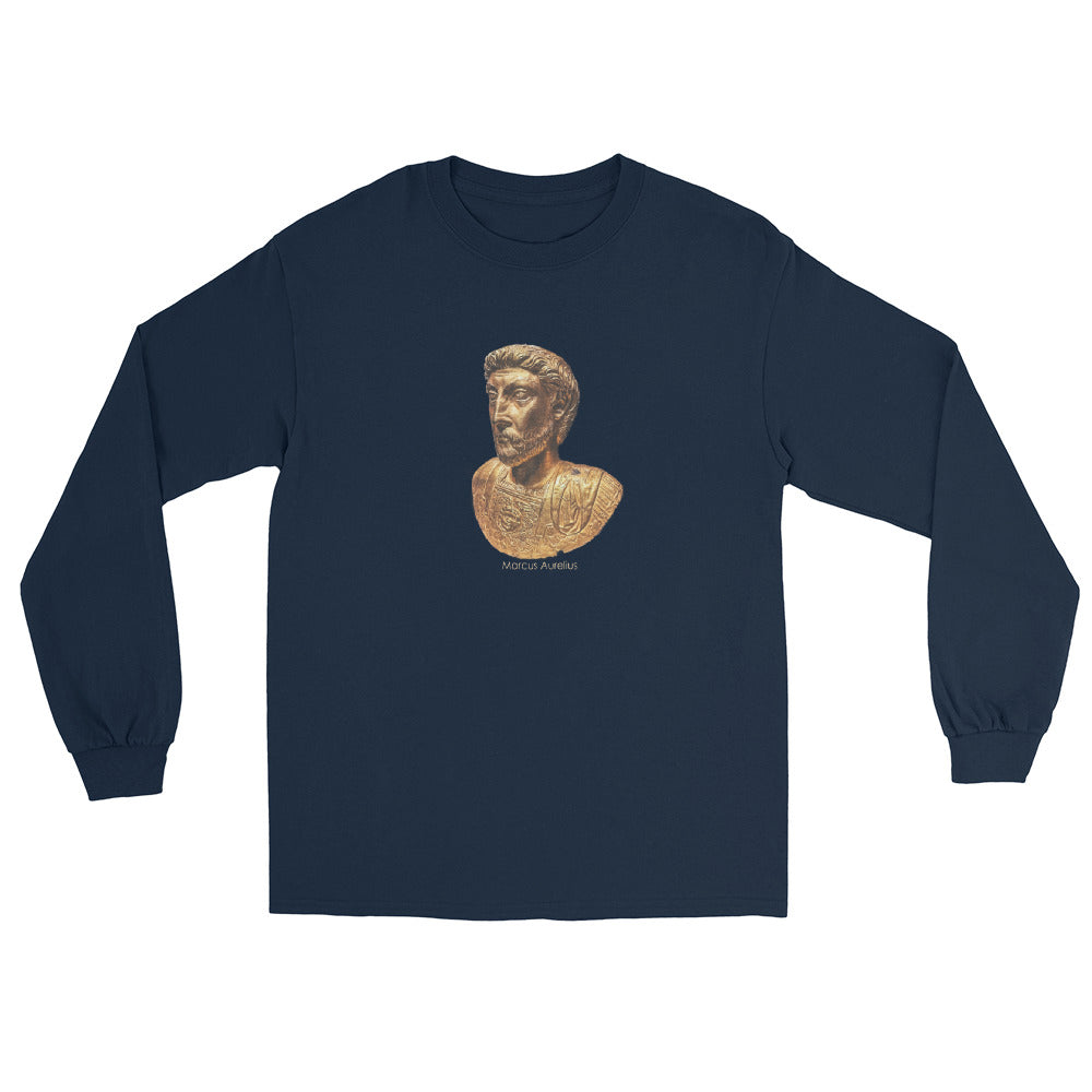 Navy blue long sleeve t-shirt with an image of a gold bust of Marcus Aurelius and the name "Marcus Aurelius under the image.