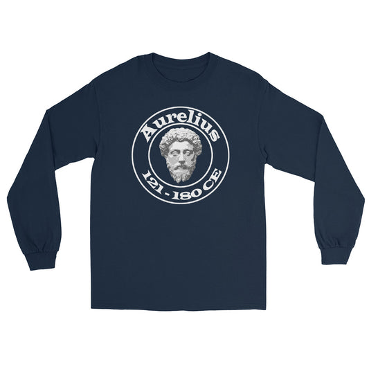 Navy Blue long sleeve t-shirt with a bust of Marcus Aurelius in the center of a collegiate style double circle with which text "Aurelius" and "121-180 CE".