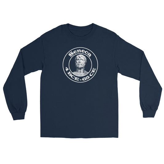 Navy blue long sleeve t-shirt with a collegiate double circle design with a bust of Seneca in the center with text "Seneca" and "4 BCE - CE" in white ink.