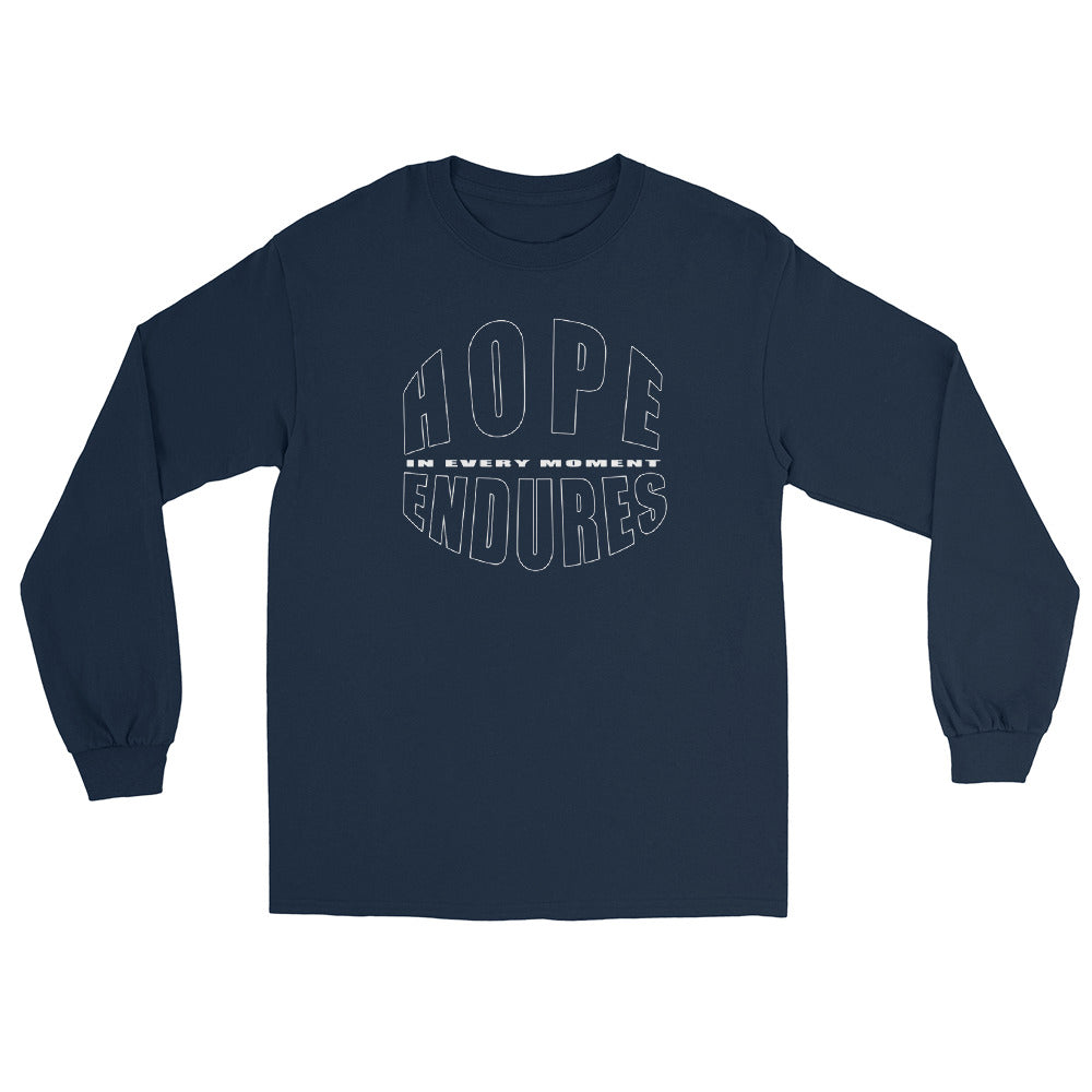 Navy Blue long sleeve T-shirt with the words “Hope Endures – In Every Moment” in elegant white typography, inspirational quote design for everyday wear.