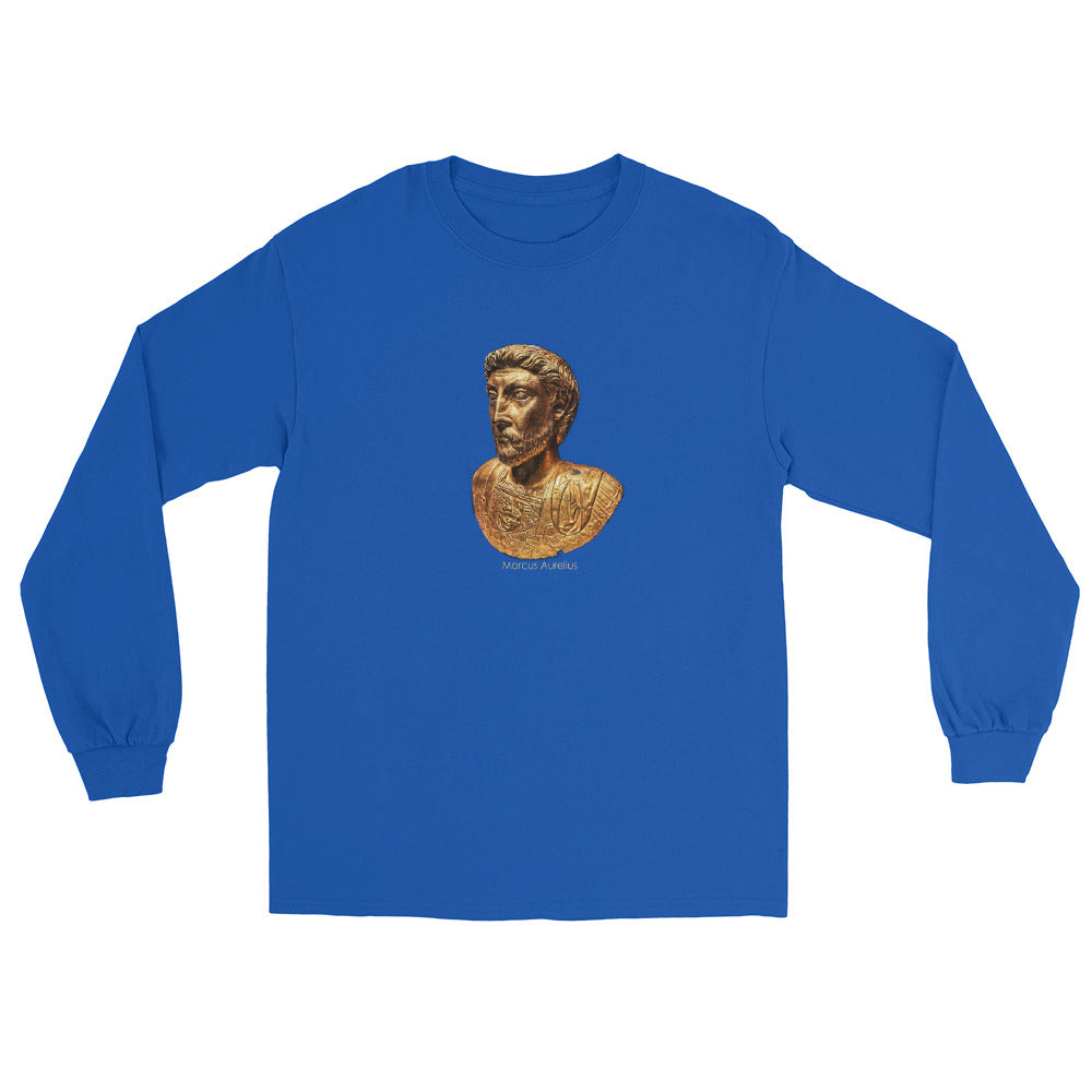 Royal blue long sleeve t-shirt with an image of a gold bust of Marcus Aurelius and the name "Marcus Aurelius under the image.