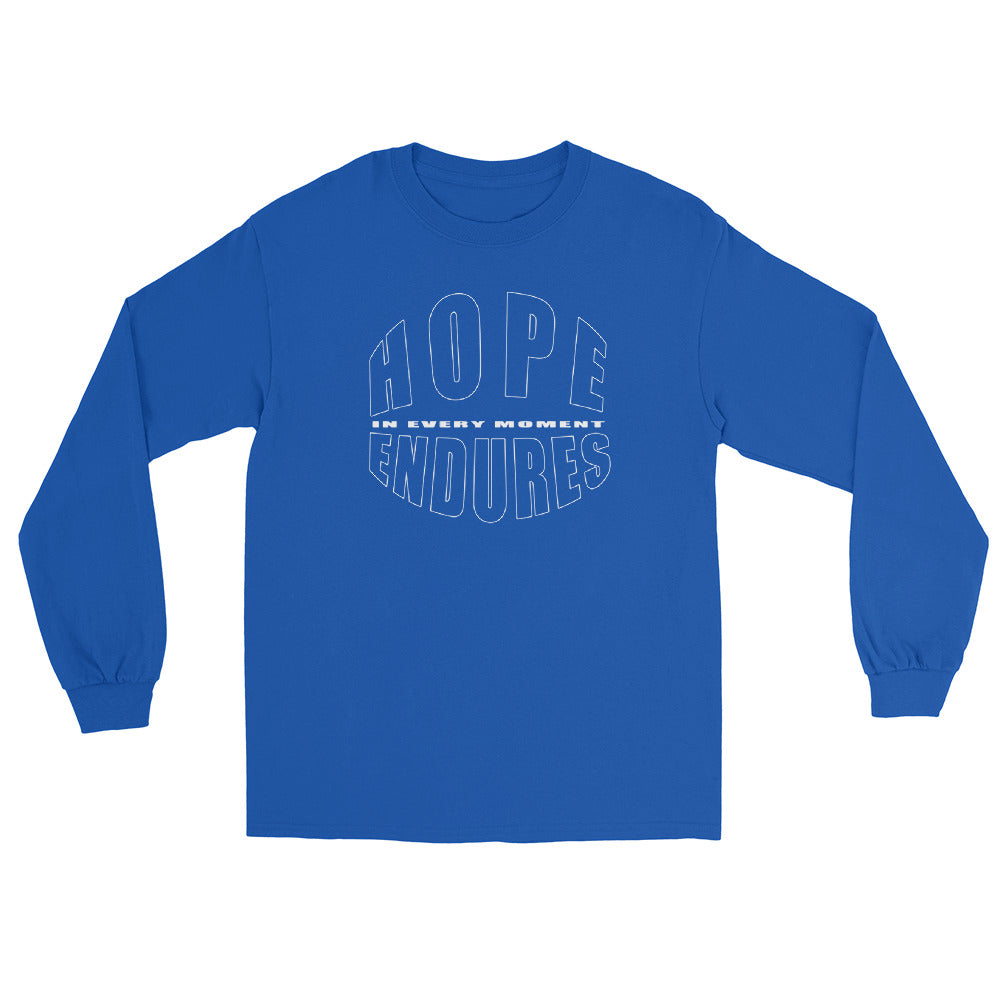 Royal Blue long sleeve T-shirt with the words “Hope Endures – In Every Moment” in elegant white typography, inspirational quote design for everyday wear.