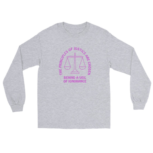 Sport Grey long sleeve t-shirt with pink text in an arch over a line drawing of the scales of justice "The Principles Of Justice Are Chosen" and horizontally cross the bottom of the design in two lines "Behind A Veil Of Ignorance"