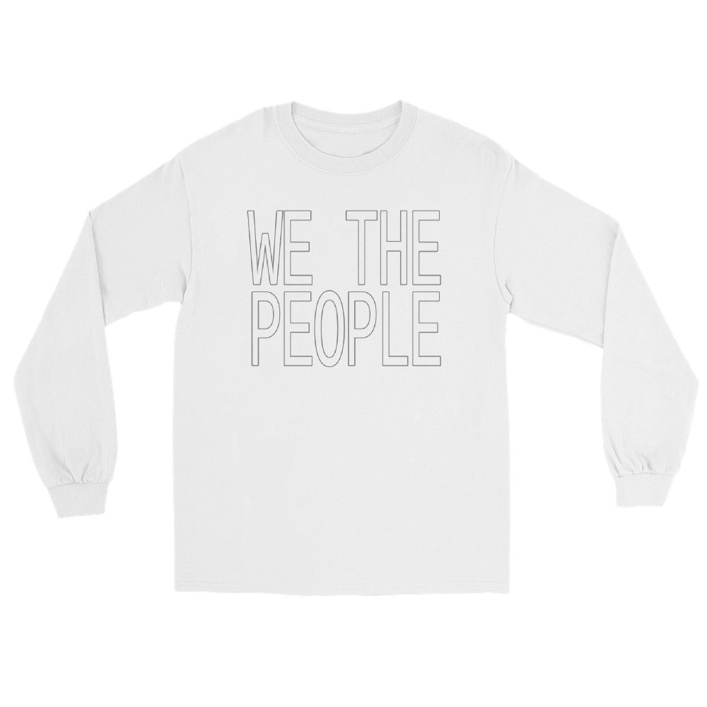 White long sleeve t-shirt with black ink outline large block letters with the words "We The People".