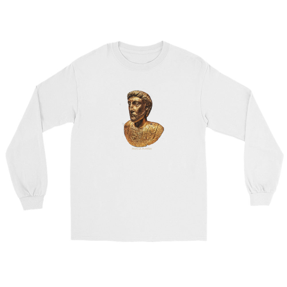 White long sleeve t-shirt with an image of a gold bust of Marcus Aurelius and the name "Marcus Aurelius under the image.