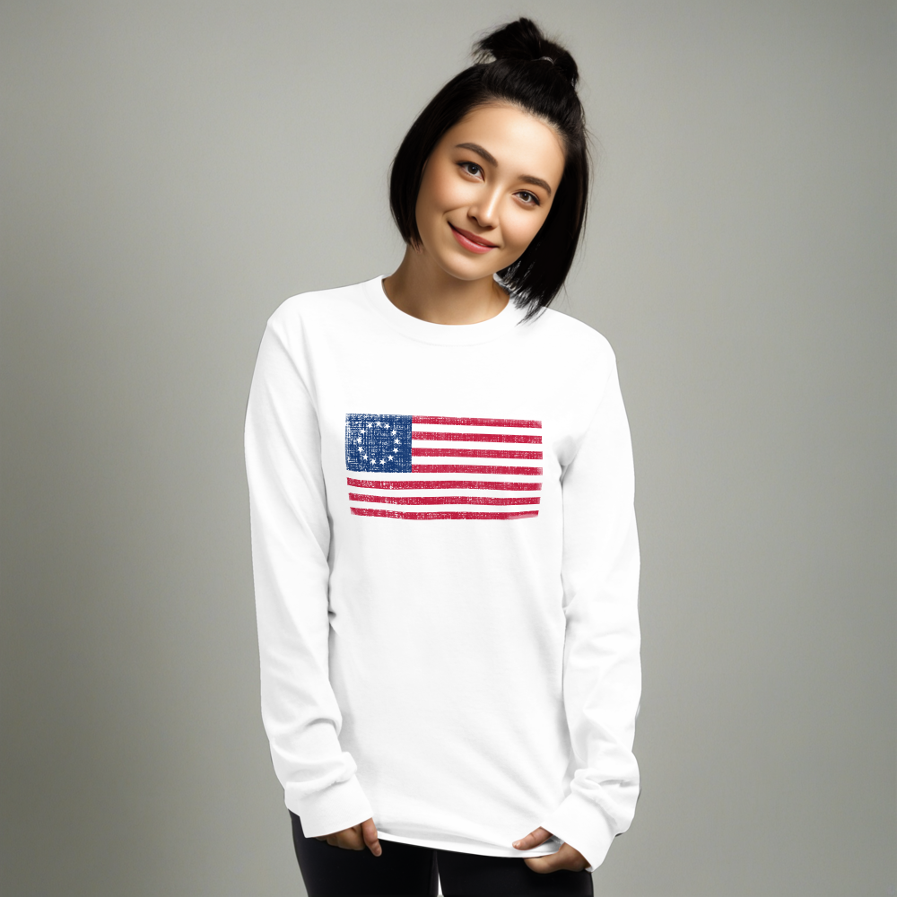Betsy Ross Flag Long Sleeve T-Shirt – Distressed Vintage 13-Star Design
