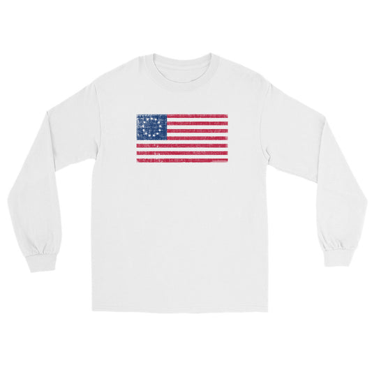 White long sleeve t-shirt with a distressed vintage style image of the original 13 star Betsy Ross Flag.