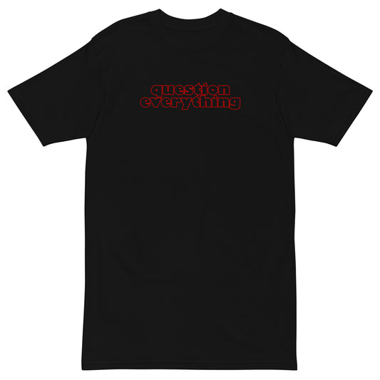 Black men's premium heavyweight t-shirt with the words inspired by Socrates "question everything" in red ink.