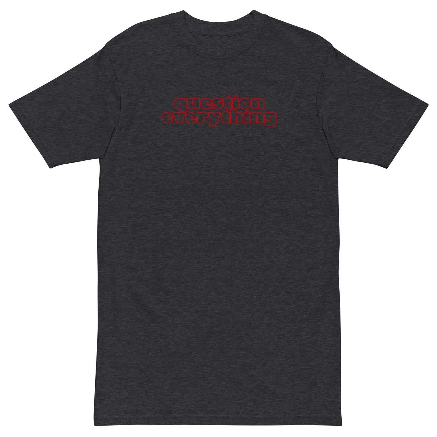 Charcoal heather men's premium heavyweight t-shirt with the words inspired by Socrates "question everything" in red ink.