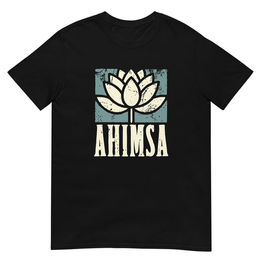 Black short sleeve t-shirt with  a distressed lotus flower graphic over the word "AHISMA" in capital letters.