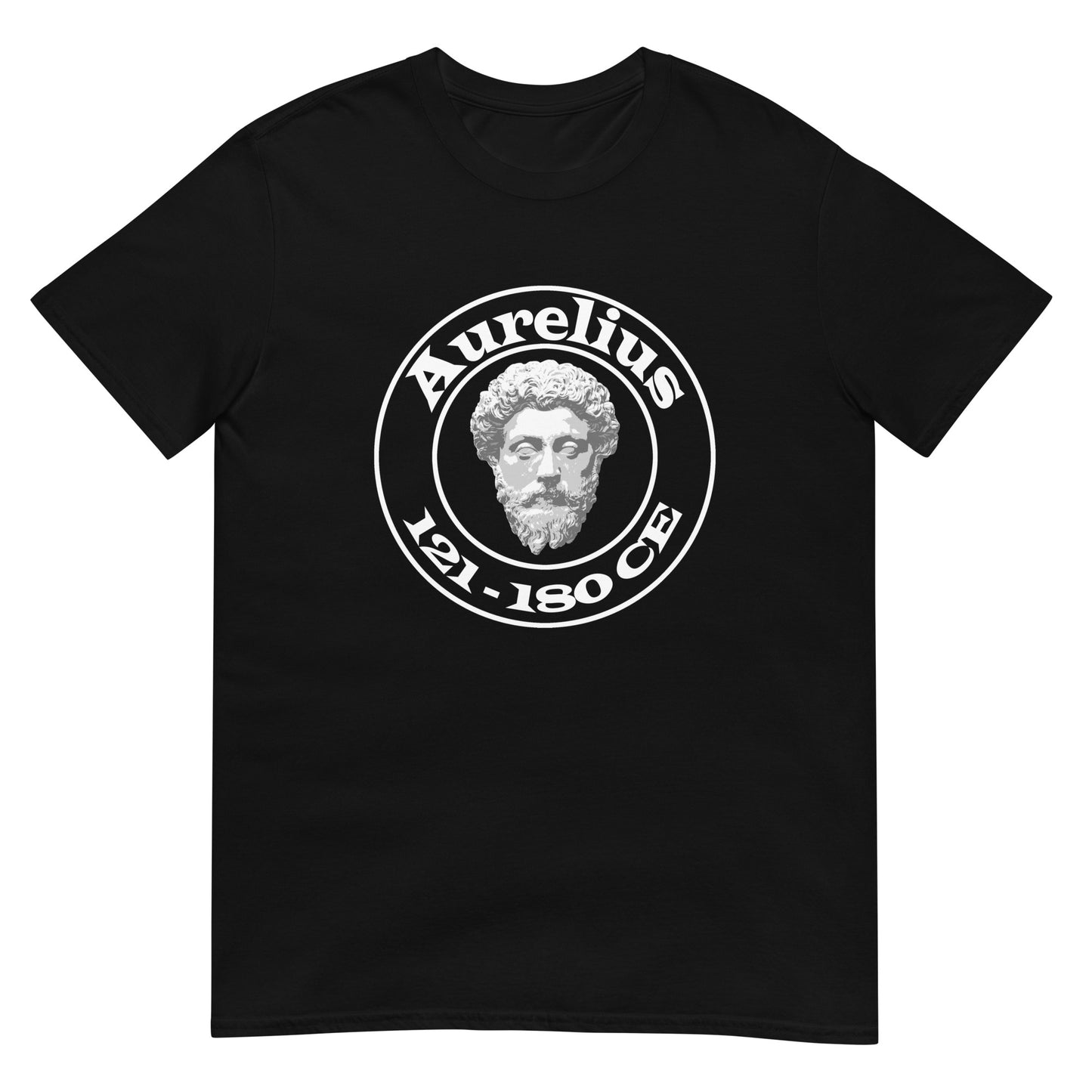 Black unisex t-shirt featuring a circular white graphic with a marble-style bust of Marcus Aurelius at the center. The name "Aurelius" is written above the bust, and the dates "121–180 CE" are written below, all enclosed within the circle.