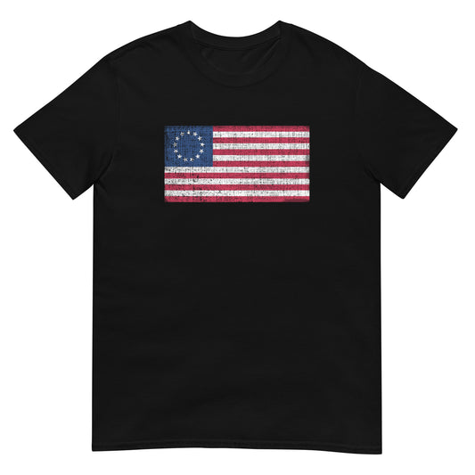 Black unisex t-shirt with a distressed  image of a Betsy Ross Flag with 13 stars.