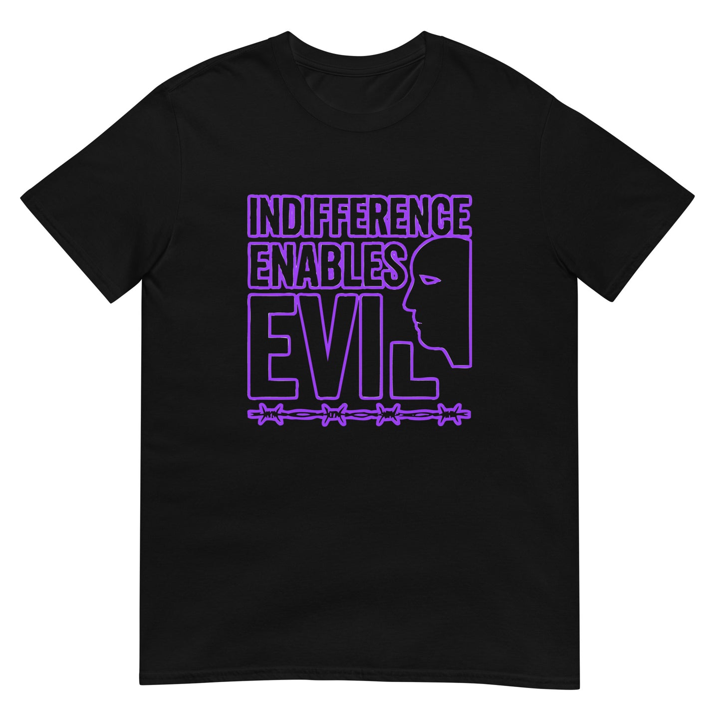 Black unisex t-shirt displaying the bold message ‘Indifference Enables Evil’ in blocky, purple lettering. The phrase is centered on the chest, with the words arranged in a clean, impactful typeface reminiscent of a poster—emphasizing moral responsibility over passivity.