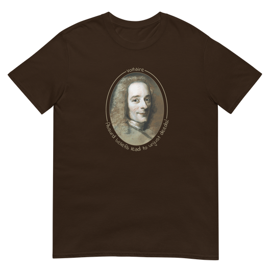 A Dark Chocolate color short-sleeve unisex t-shirt with a portrait of Voltaire in a circular frame on the front. Text 'Absurd beliefs lead to unjust deeds' in gold ink
