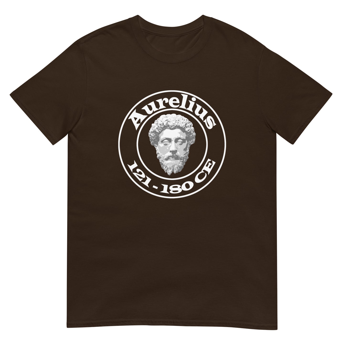 Dark Chocolate unisex t-shirt featuring a circular white graphic with a marble-style bust of Marcus Aurelius at the center. The name "Aurelius" is written above the bust, and the dates "121–180 CE" are written below, all enclosed within the circle.