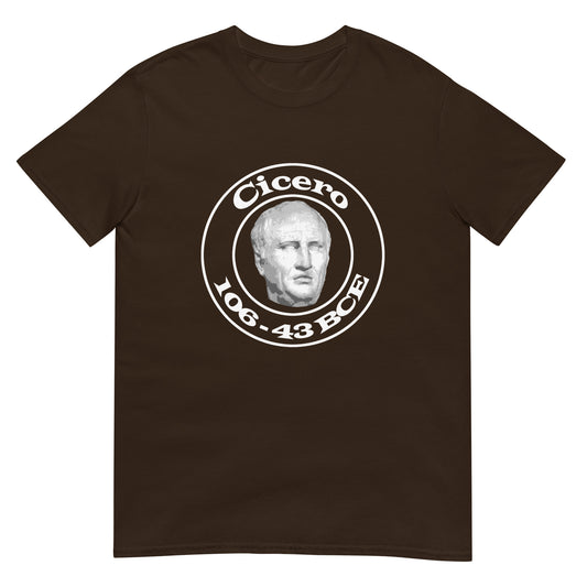 dark chocolate t-shirt with collegiate style design, concentric circles in the center a bust of Cicero, the Roman philosopher with his name and dates 106-43 BCE