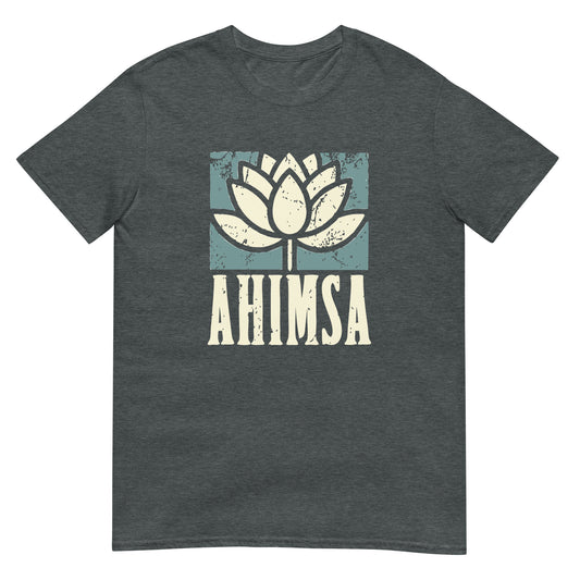 Dark heather short sleeve t-shirt with  a distressed lotus flower graphic over the word "AHISMA" in capital letters.