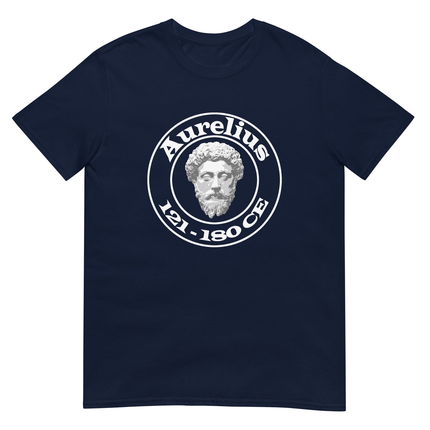 Navy Blue unisex t-shirt featuring a circular white graphic with a marble-style bust of Marcus Aurelius at the center. The name "Aurelius" is written above the bust, and the dates "121–180 CE" are written below, all enclosed within the circle.