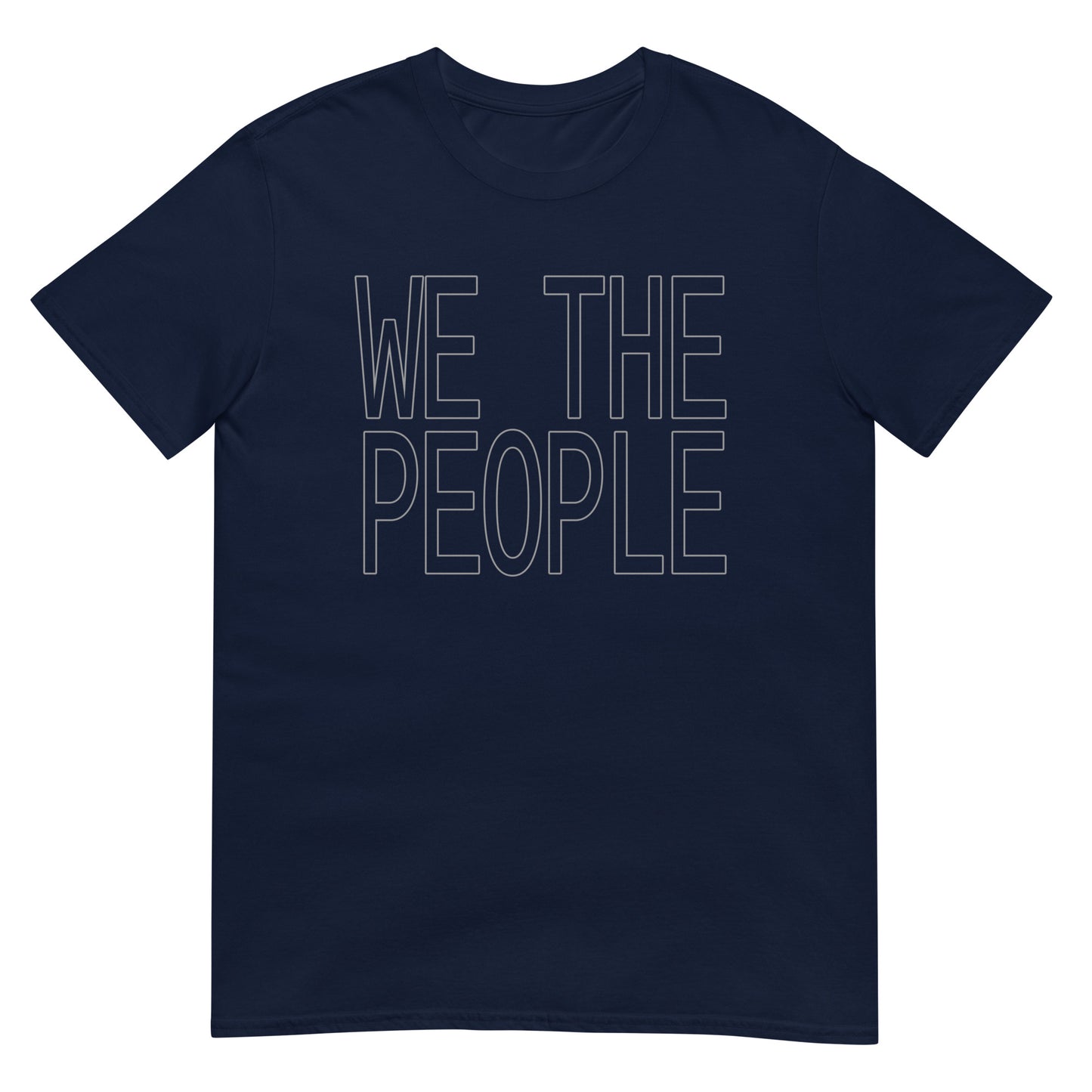 Navy blue t-shirt with the words 'WE THE PEOPLE' in white ink outlines of large block letters.