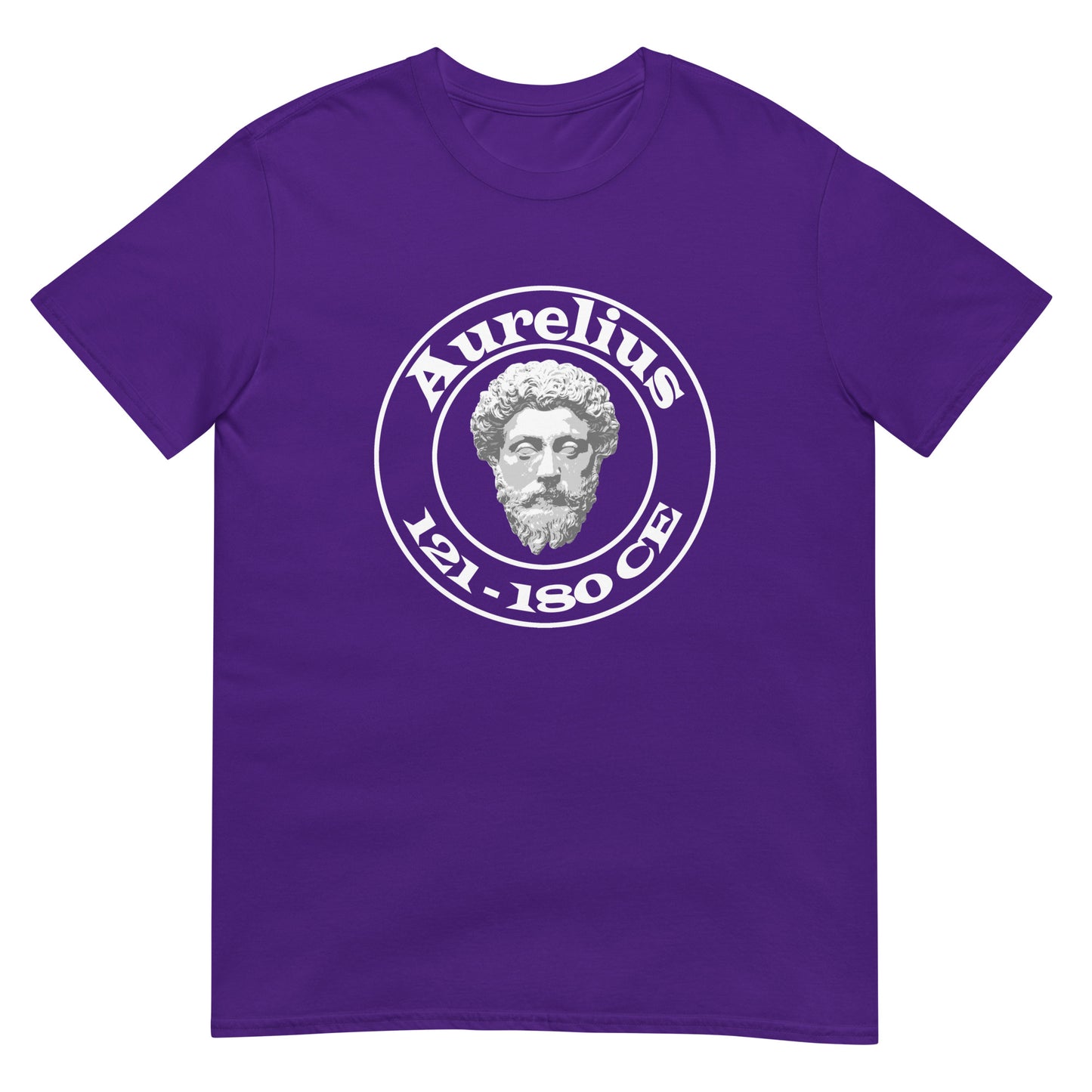 Purple unisex t-shirt featuring a circular white graphic with a marble-style bust of Marcus Aurelius at the center. The name "Aurelius" is written above the bust, and the dates "121–180 CE" are written below, all enclosed within the circle.