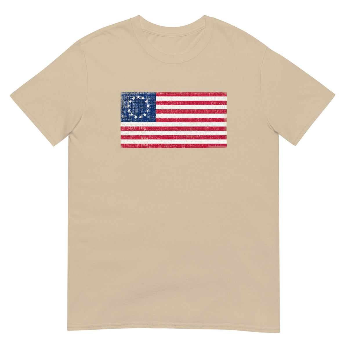 Sand unisex t-shirt with a distressed image of a Betsy Ross Flag with 13 stars.