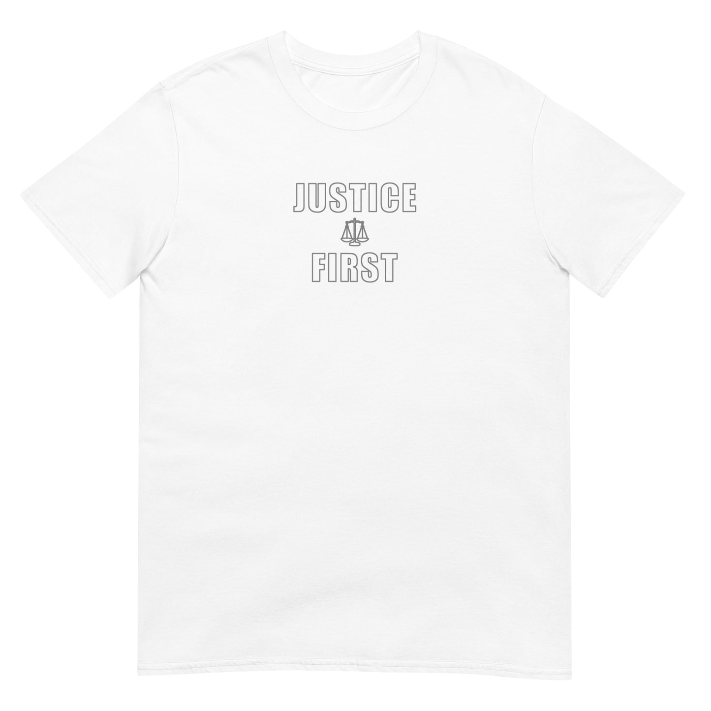 White t-shirt with the words in outlined block letters "Justice First" with a line drawing of the scales of justice between the words in silver ink
