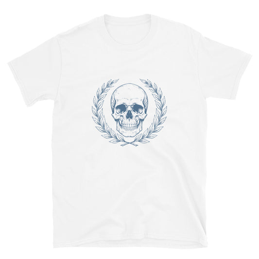 White t-shirt with engraved Roman-style skull with laurel wreath in minimalist stoic philosophy design