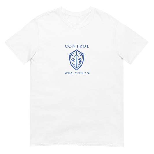White Control What You Can Stoic philosophy t-shirt featuring a minimalist shield emblem with structured serif typography in a clean symmetrical design.