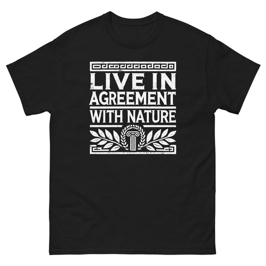Black unisex classic t-shirt featuring the quote ‘Live in Agreement with Nature’ inspired by Zeno of Citium and Stoic philosophy.