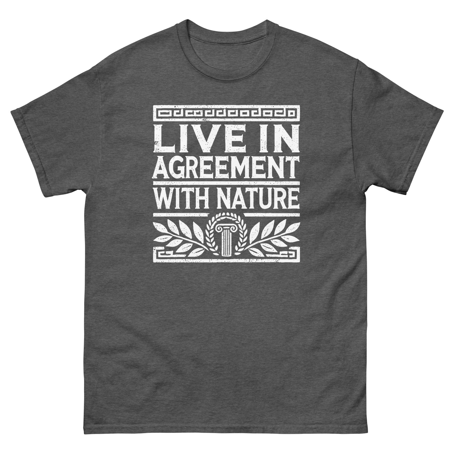 Dark heather unisex classic t-shirt featuring the quote ‘Live in Agreement with Nature’ inspired by Zeno of Citium and Stoic philosophy.
