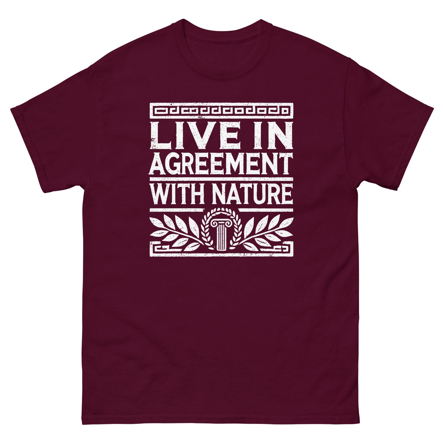 Maroon unisex classic t-shirt featuring the quote ‘Live in Agreement with Nature’ inspired by Zeno of Citium and Stoic philosophy.