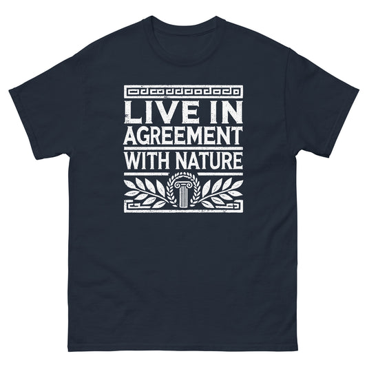 Navy blue unisex classic t-shirt featuring the quote ‘Live in Agreement with Nature’ inspired by Zeno of Citium and Stoic philosophy.