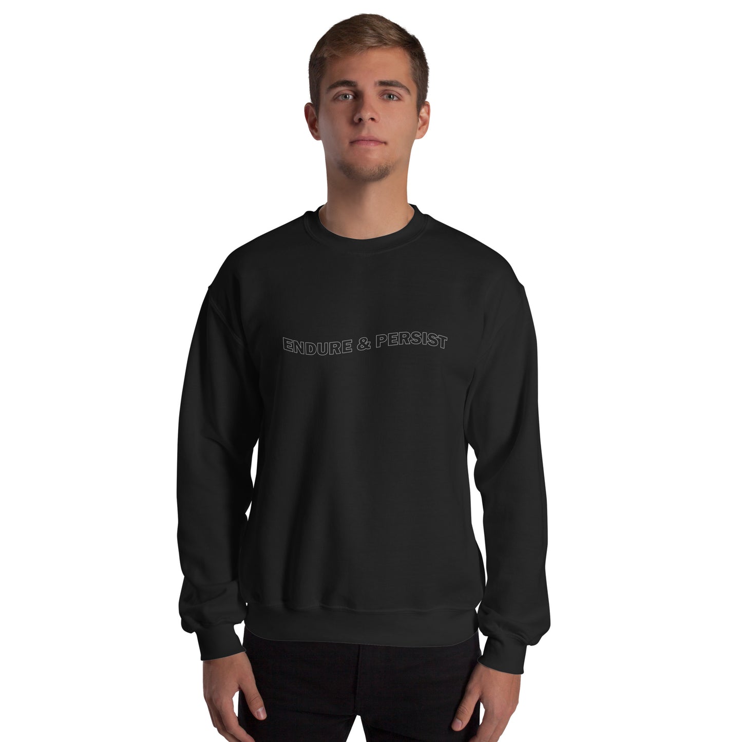 Black Unisex sweatshirt with text-only design reading ‘ENDURE & PERSIST’ in all caps, wavy outline font, inspirational and motivational message, soft cozy sweatshirt