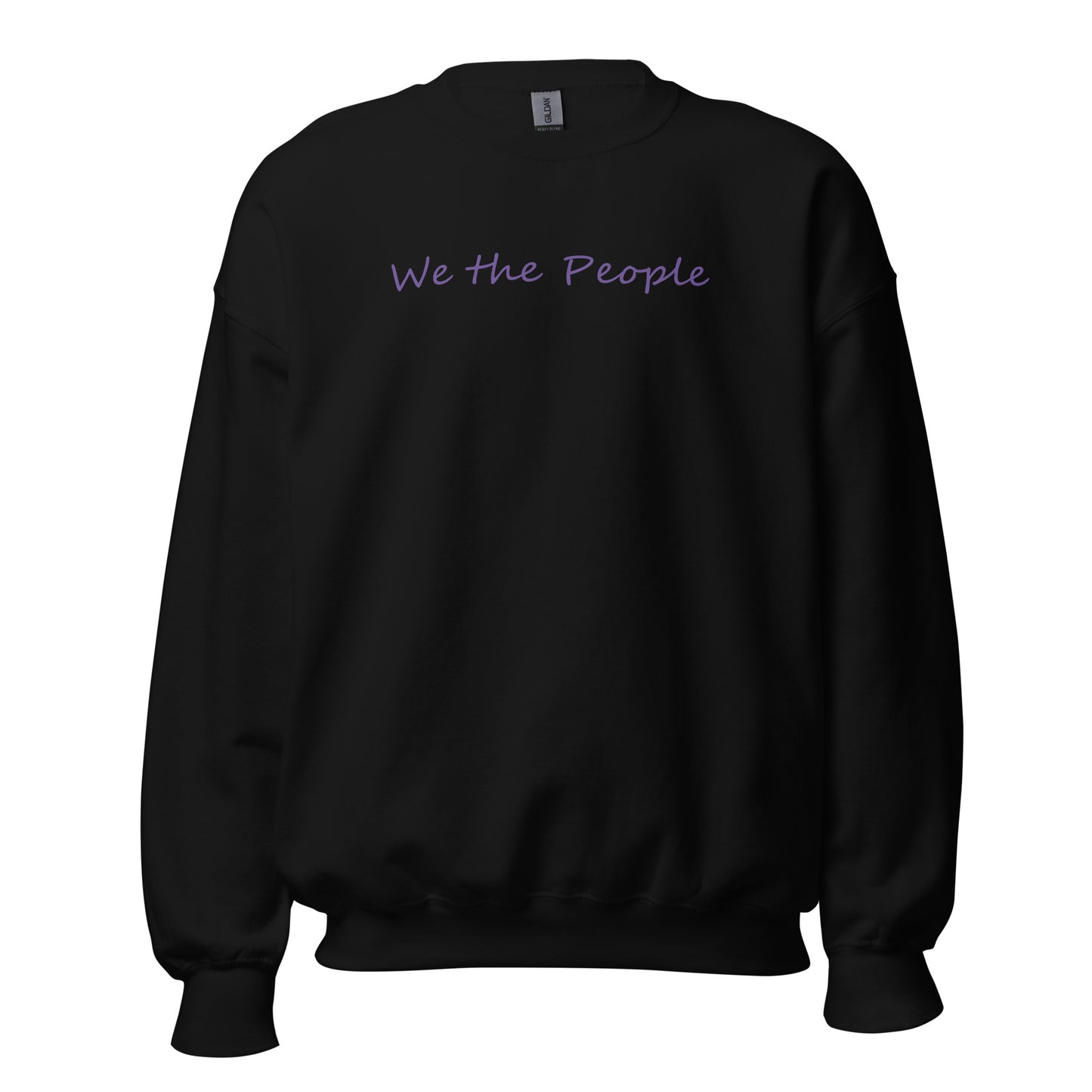Black unisex crew neck sweatshirt with the words "We the People" in a script font using purple ink.