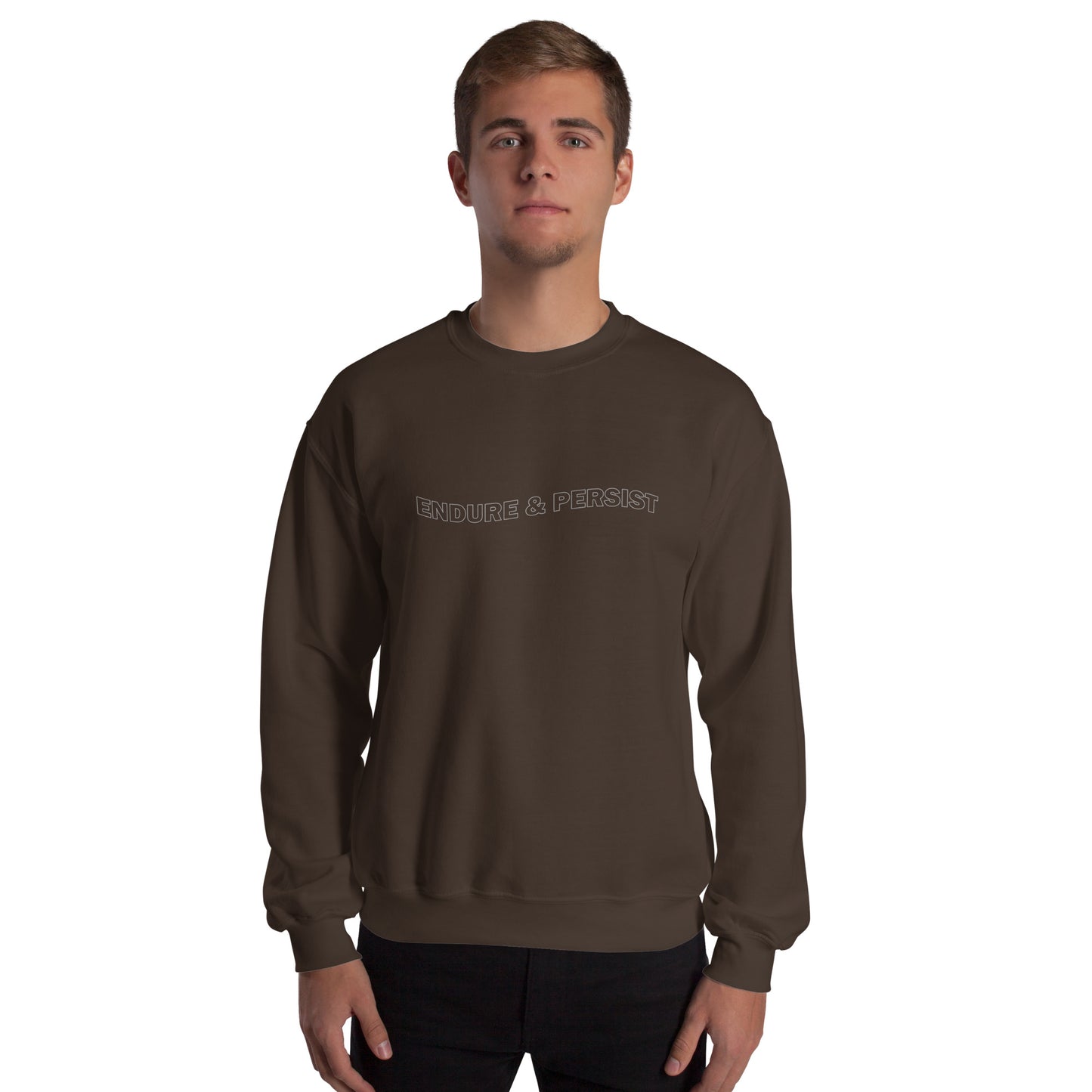 Dark chocolate unisex sweatshirt with text-only design reading ‘ENDURE & PERSIST’ in all caps, wavy outline font, inspirational and motivational message, soft cozy sweatshirt