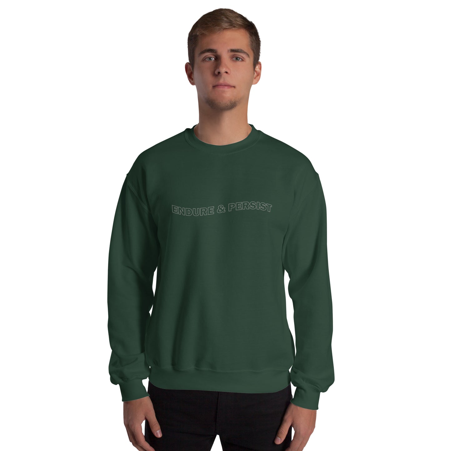 Forest green unisex sweatshirt with text-only design reading ‘ENDURE & PERSIST’ in all caps, wavy outline font, inspirational and motivational message, soft cozy sweatshirt