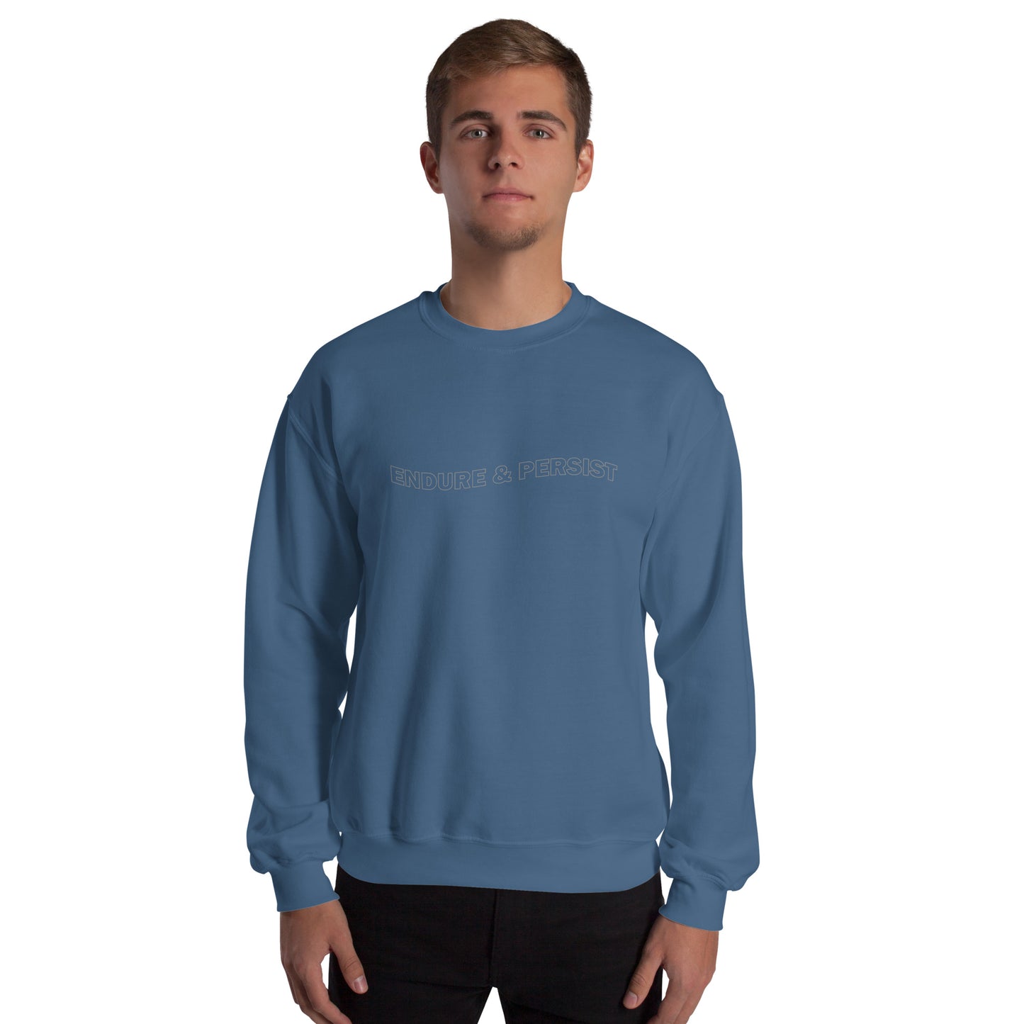 Indigo blue unisex sweatshirt with text-only design reading ‘ENDURE & PERSIST’ in all caps, wavy outline font, inspirational and motivational message, soft cozy sweatshirt