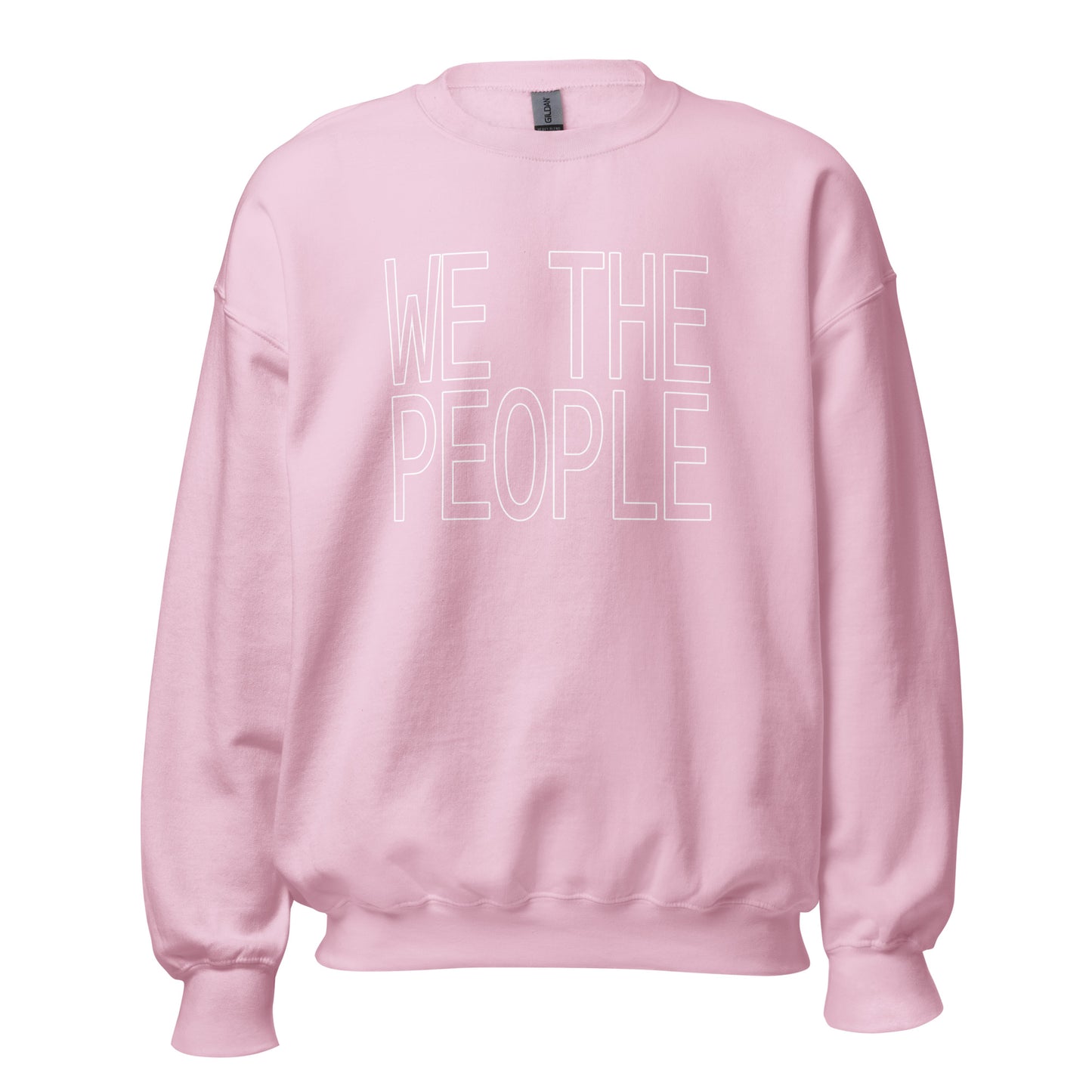 Light pink unisex crew neck sweatshirt with large block capital text with the words 'WE THE PEOPLE'